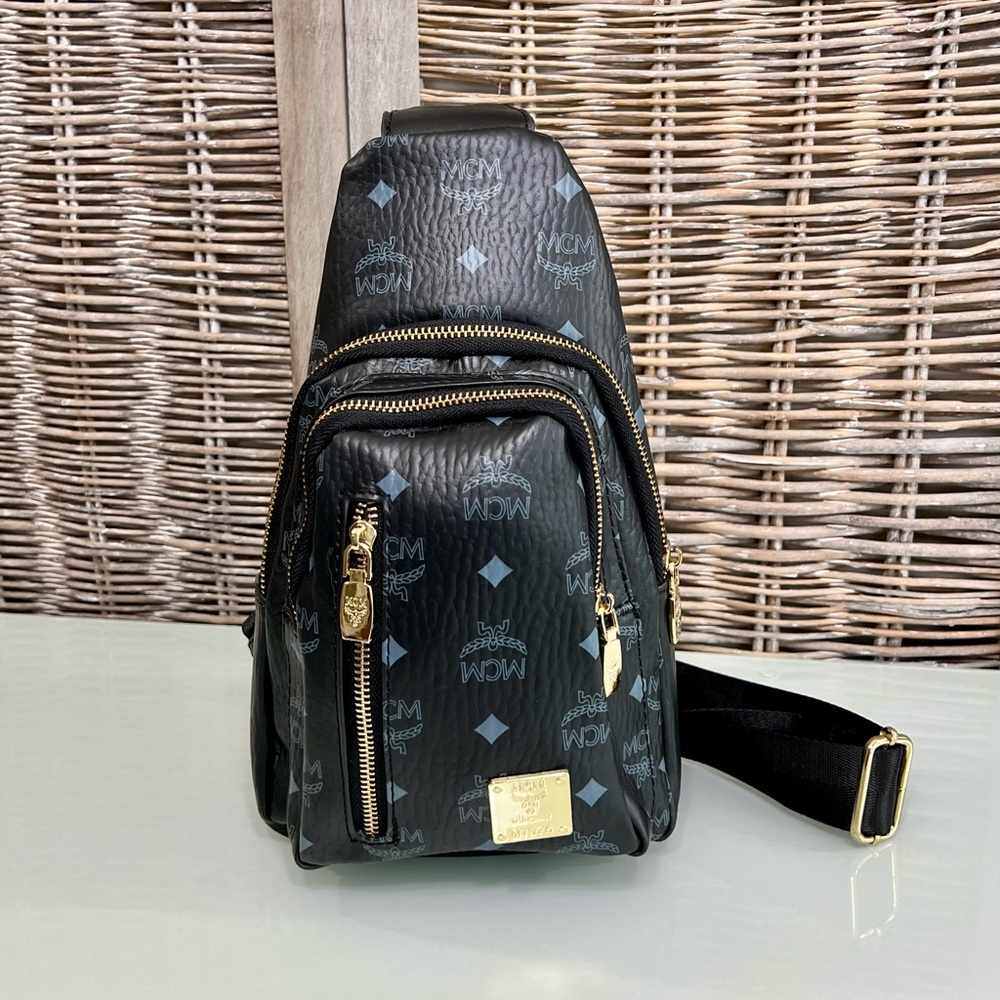 Fashion Sling Bag. Black canvas  with blue gray.